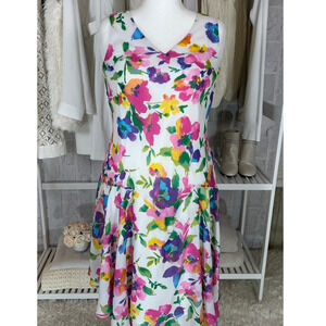 Jessica London Women's Size 12W White Multicolor Floral Drop Waist Dress #0413